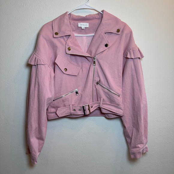 Mable Pink Ruffle Moto Jacket Womens Size L Rayon Blend Lightweight Coat - Picture 1 of 10